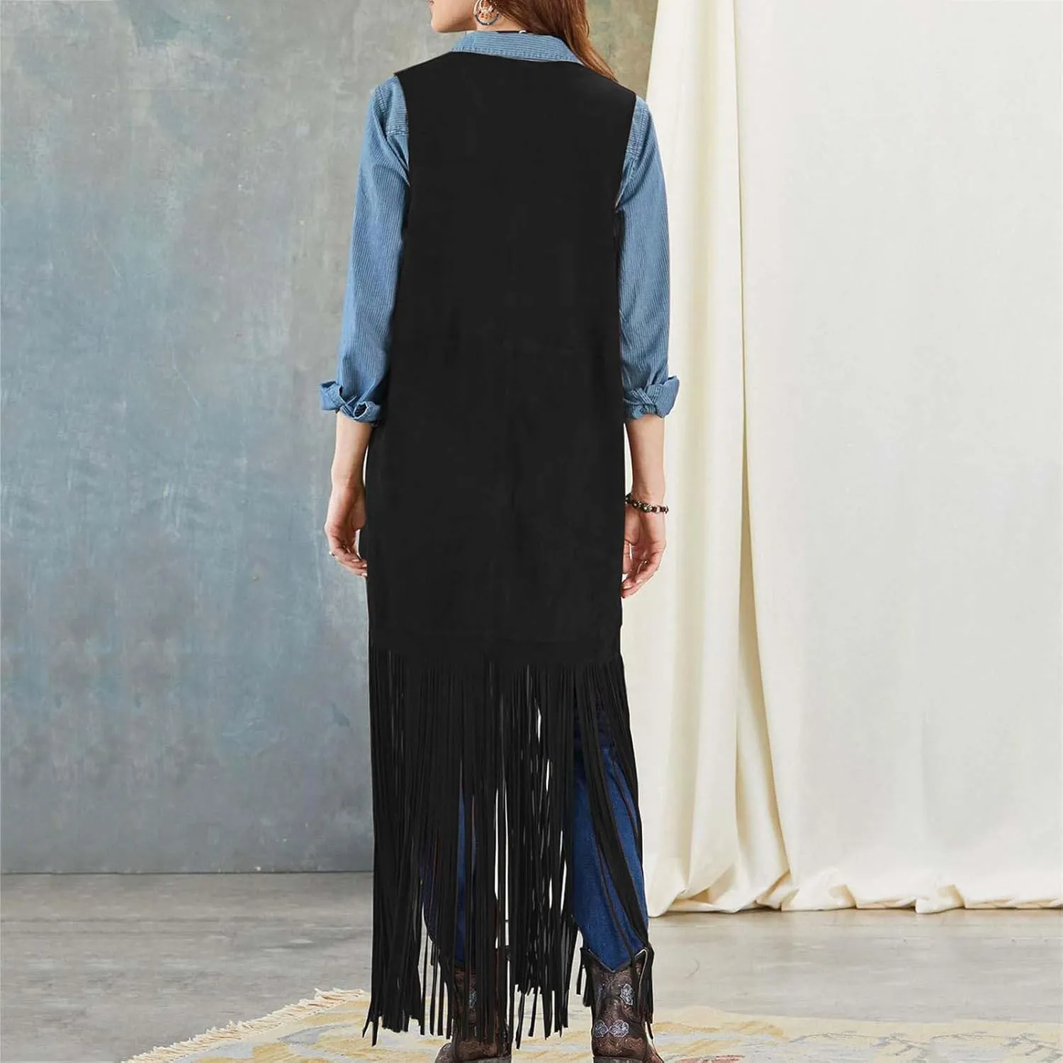 Women Fringe Tassel Vest 70s Vintage Western Cowgirl Long Waistcoat Faux Suede Sleeveless Jacket Shacket Fall Outwear