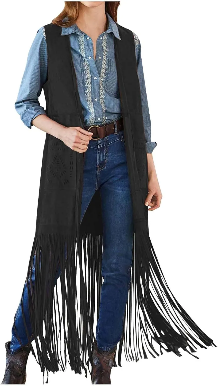 Women Fringe Tassel Vest 70s Vintage Western Cowgirl Long Waistcoat Faux Suede Sleeveless Jacket Shacket Fall Outwear