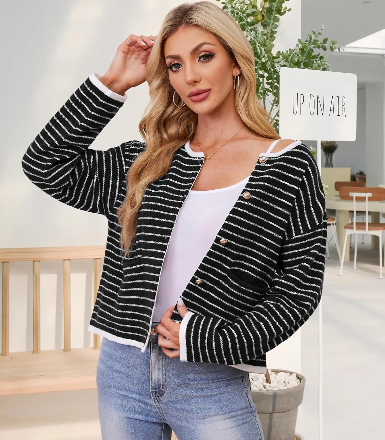 Women's Cardigan Sweaters Striped Sweater Jacket with Pockets Button Down 2024 Fall Knit Casual Coat Cropped Outwear