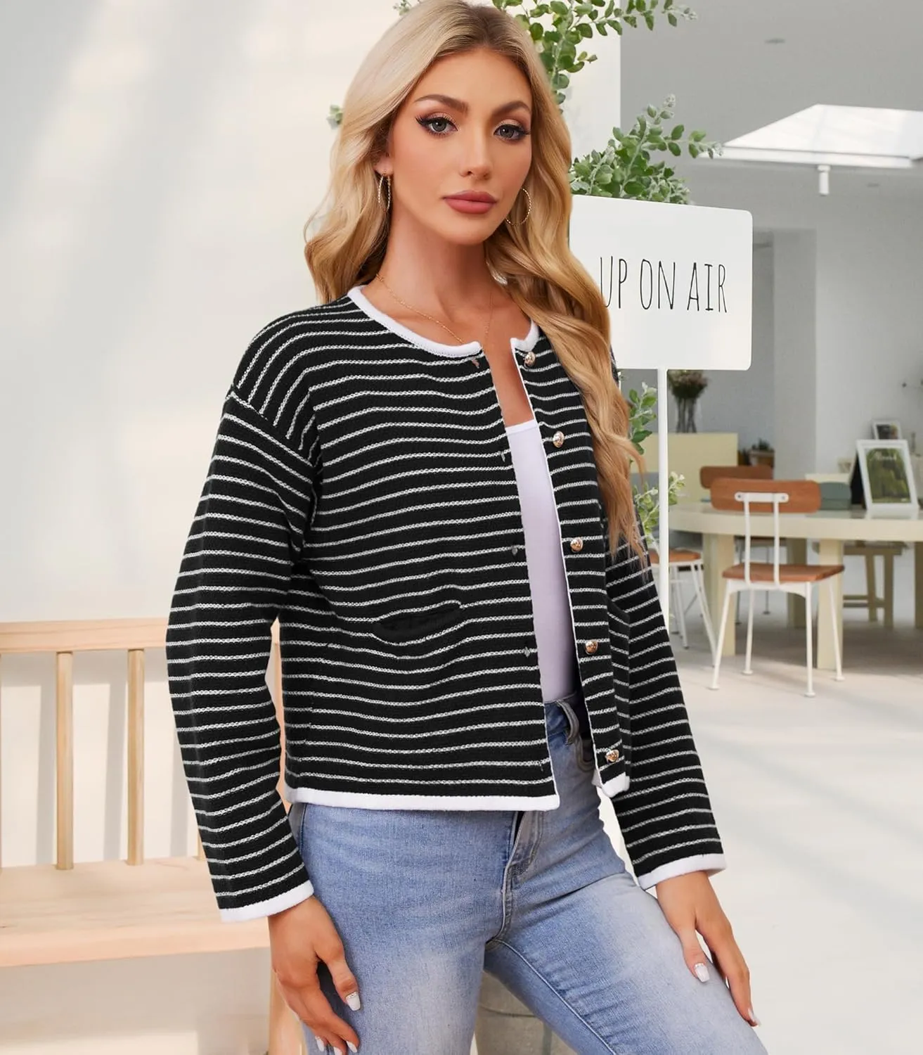 Women's Cardigan Sweaters Striped Sweater Jacket with Pockets Button Down 2024 Fall Knit Casual Coat Cropped Outwear