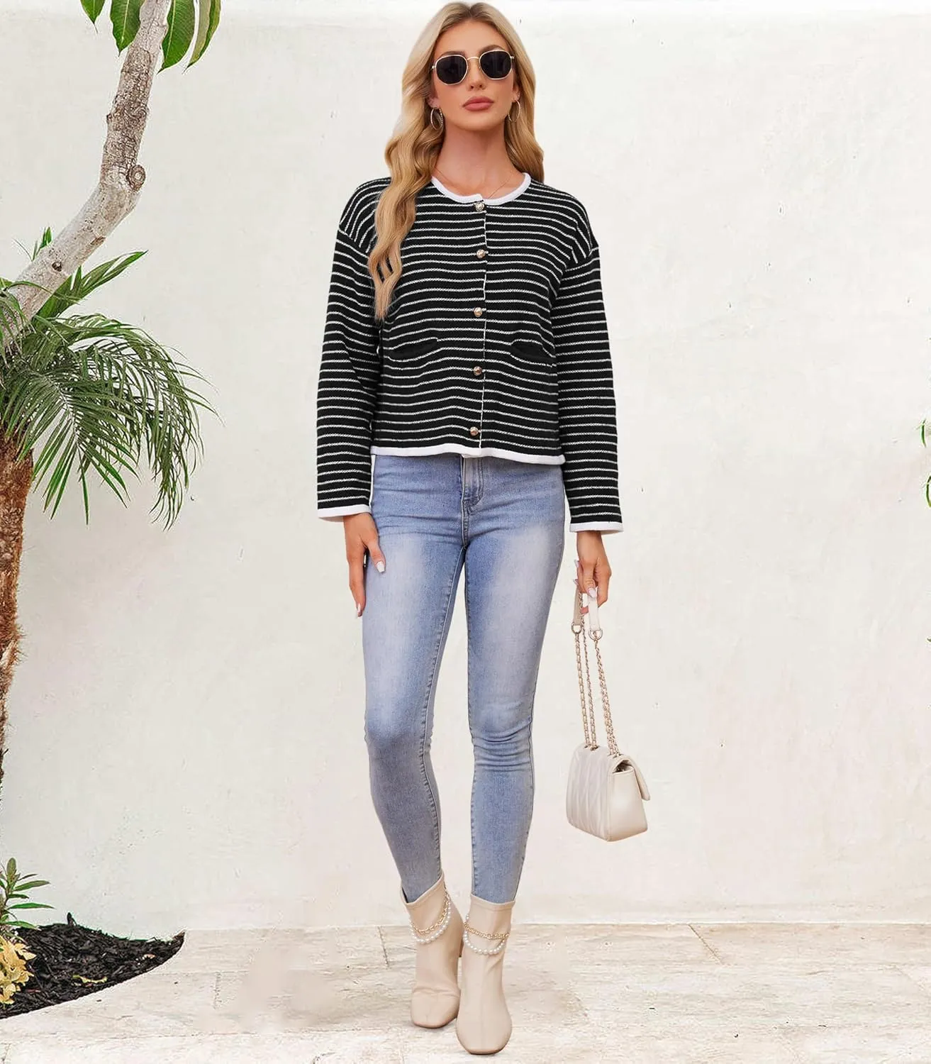 Women's Cardigan Sweaters Striped Sweater Jacket with Pockets Button Down 2024 Fall Knit Casual Coat Cropped Outwear