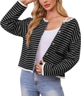 Women's Cardigan Sweaters Striped Sweater Jacket with Pockets Button Down 2024 Fall Knit Casual Coat Cropped Outwear