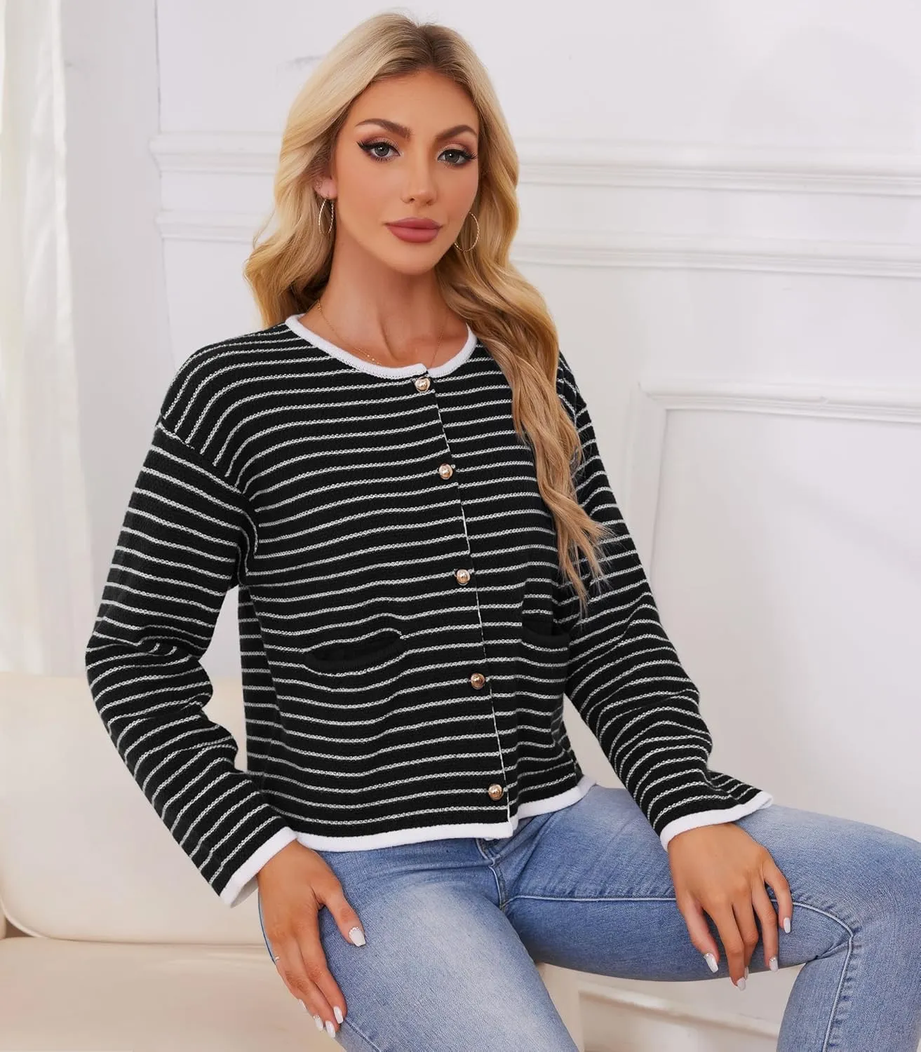 Women's Cardigan Sweaters Striped Sweater Jacket with Pockets Button Down 2024 Fall Knit Casual Coat Cropped Outwear