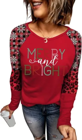Women's Christmas Holiday T Shirts Leopard Stripe Splicing Sleeve Shirt Xmas Funny Graphic Raglan Baseball Tops