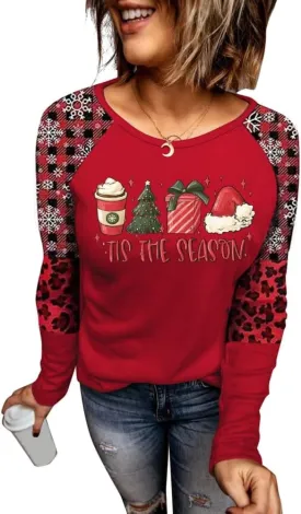 Women's Christmas Holiday T Shirts Leopard Stripe Splicing Sleeve Shirt Xmas Funny Graphic Raglan Baseball Tops