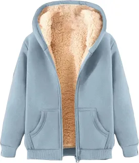 Womens Fleece Jacket Full Zip Up Hoodie Sweatshirt Thicken Fuzzy Fleece Lined Jacket Winter Sherpa Coat Unisex