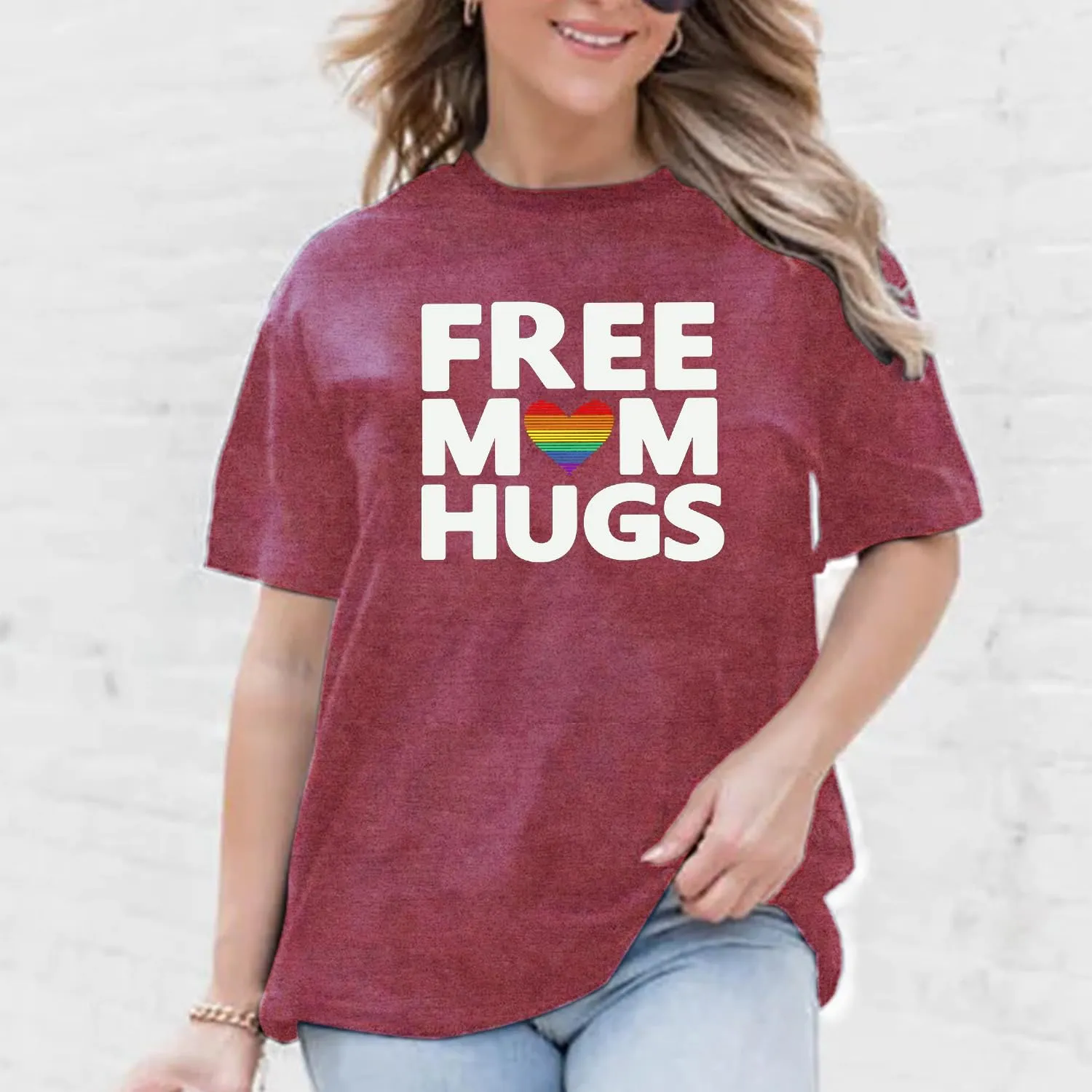 Womens LGBTQ Pride Shirts Free Mom Hugs Ally T-Shirt Rainbow Gay Less Pride Short Sleeve