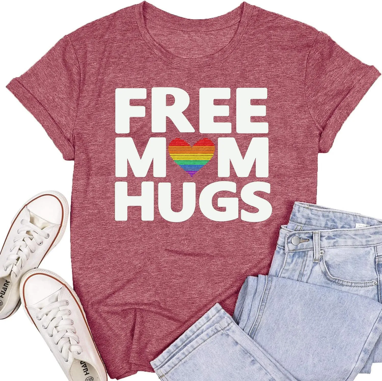 Womens LGBTQ Pride Shirts Free Mom Hugs Ally T-Shirt Rainbow Gay Less Pride Short Sleeve