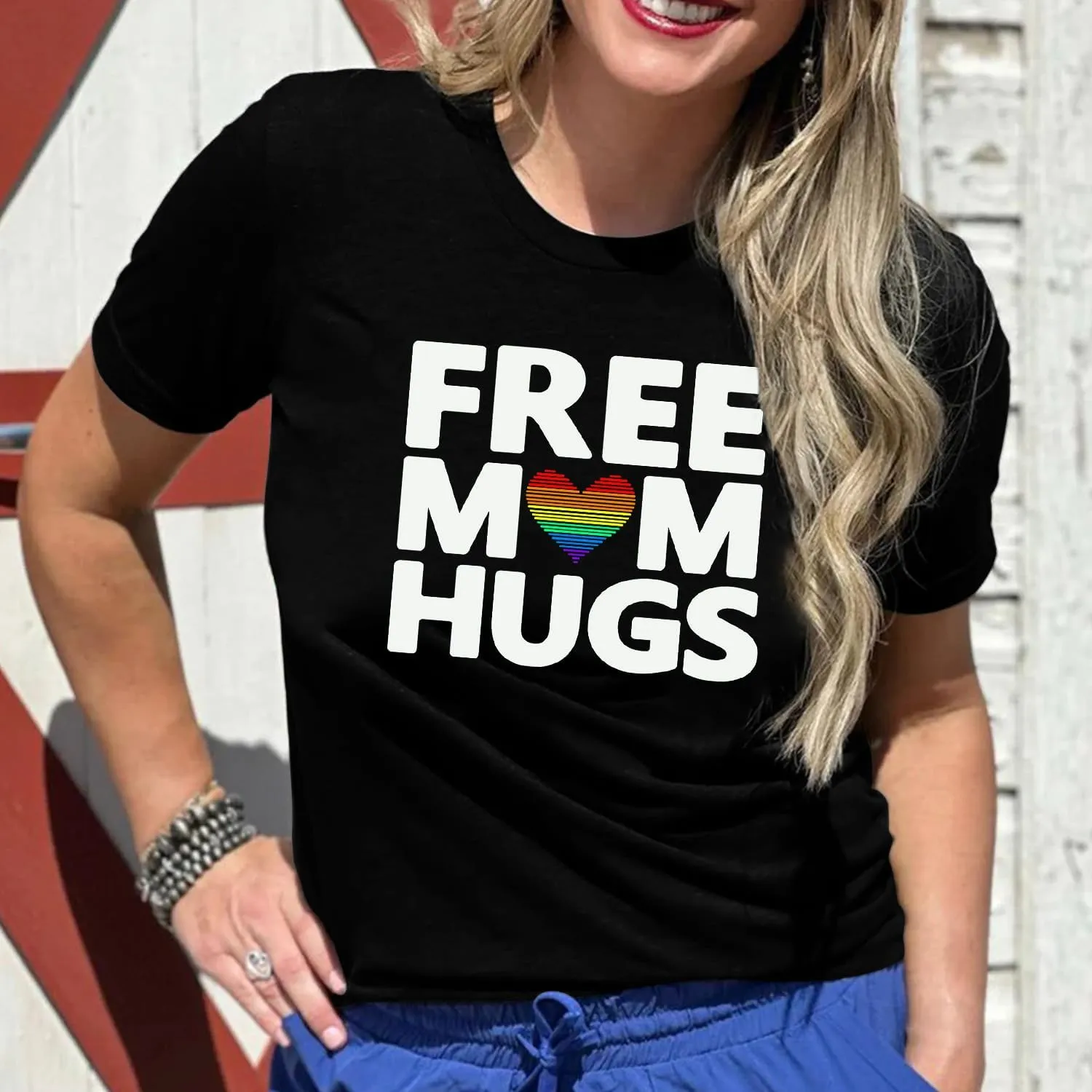 Womens LGBTQ Pride Shirts Free Mom Hugs Ally T-Shirt Rainbow Gay Less Pride Short Sleeve