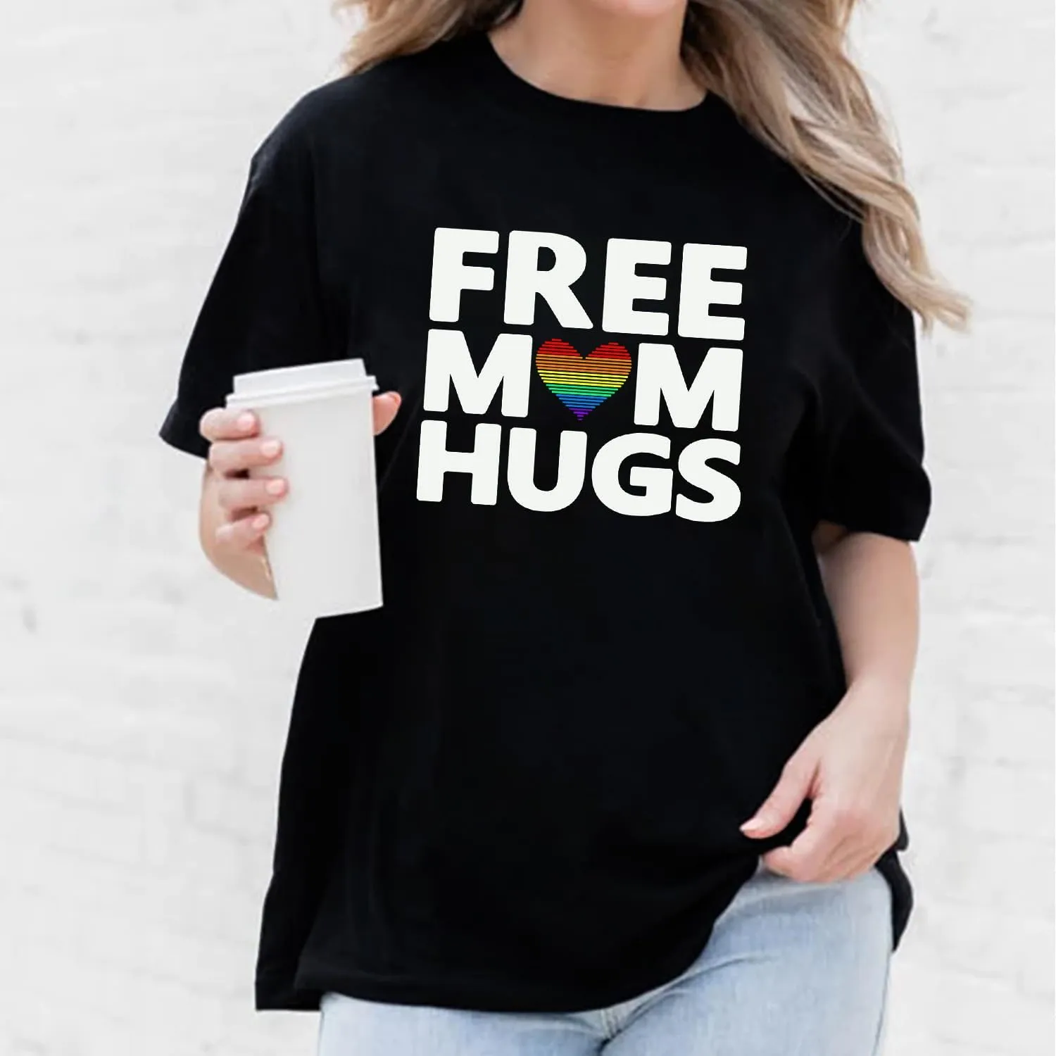 Womens LGBTQ Pride Shirts Free Mom Hugs Ally T-Shirt Rainbow Gay Less Pride Short Sleeve