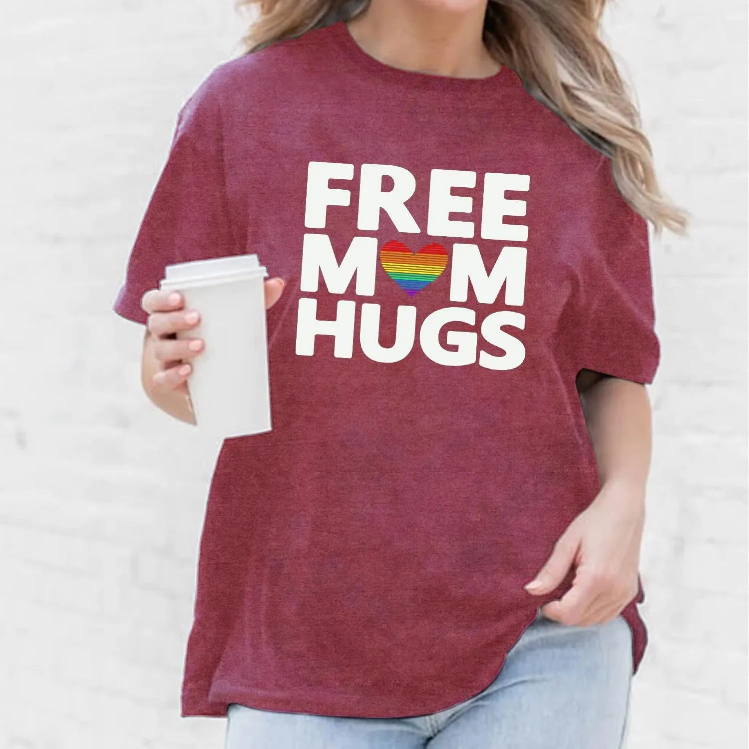 Womens LGBTQ Pride Shirts Free Mom Hugs Ally T-Shirt Rainbow Gay Less Pride Short Sleeve