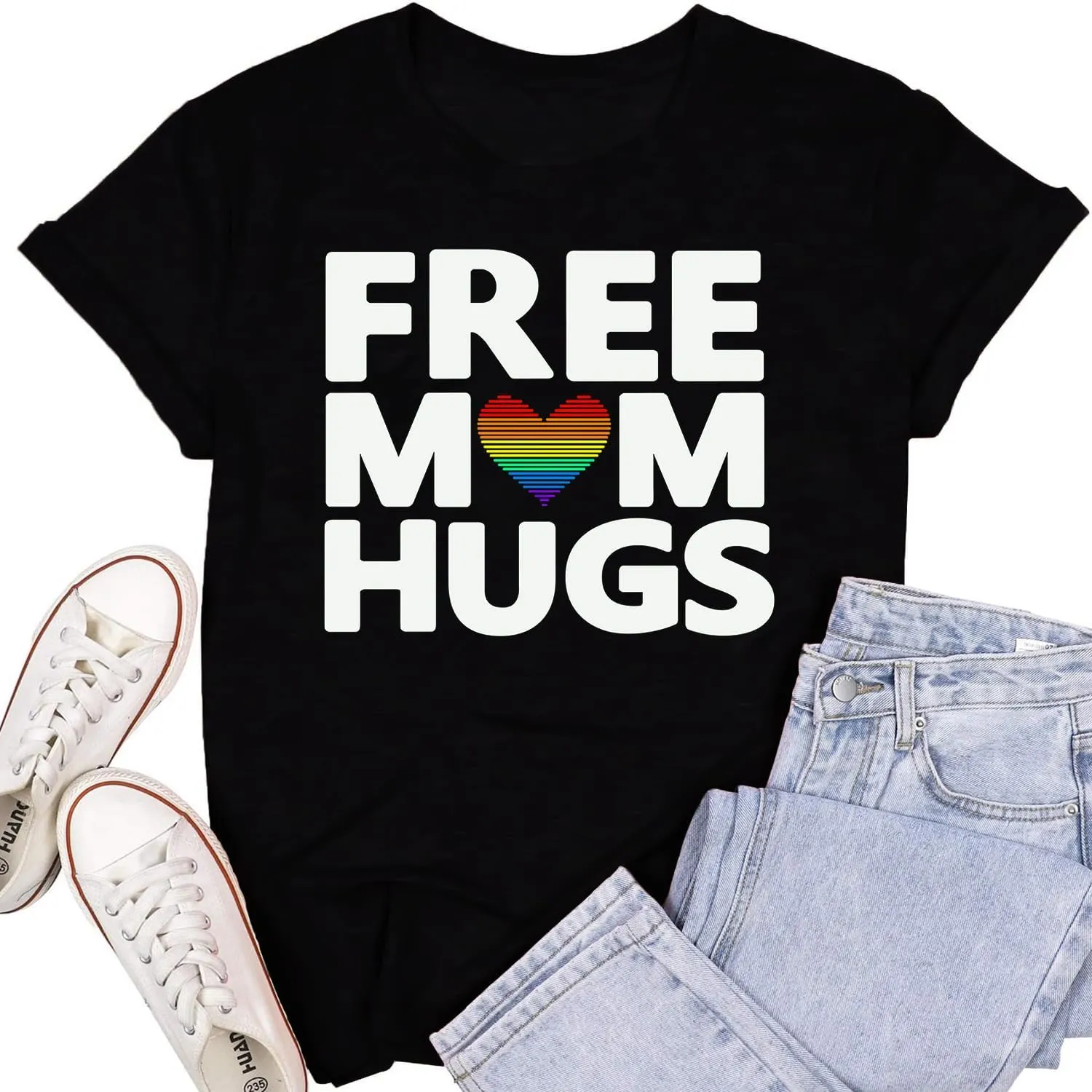 Womens LGBTQ Pride Shirts Free Mom Hugs Ally T-Shirt Rainbow Gay Less Pride Short Sleeve