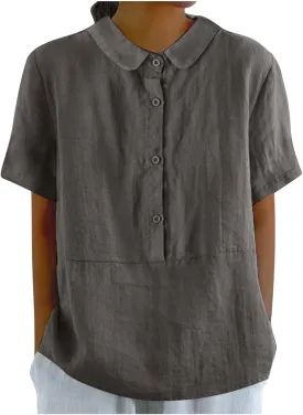 Women's Peter Pan Collar Short Sleeves Cotton Linen Shirt Tops Button Work Blouse Teen Girls Casual Loose Tunic Shirts