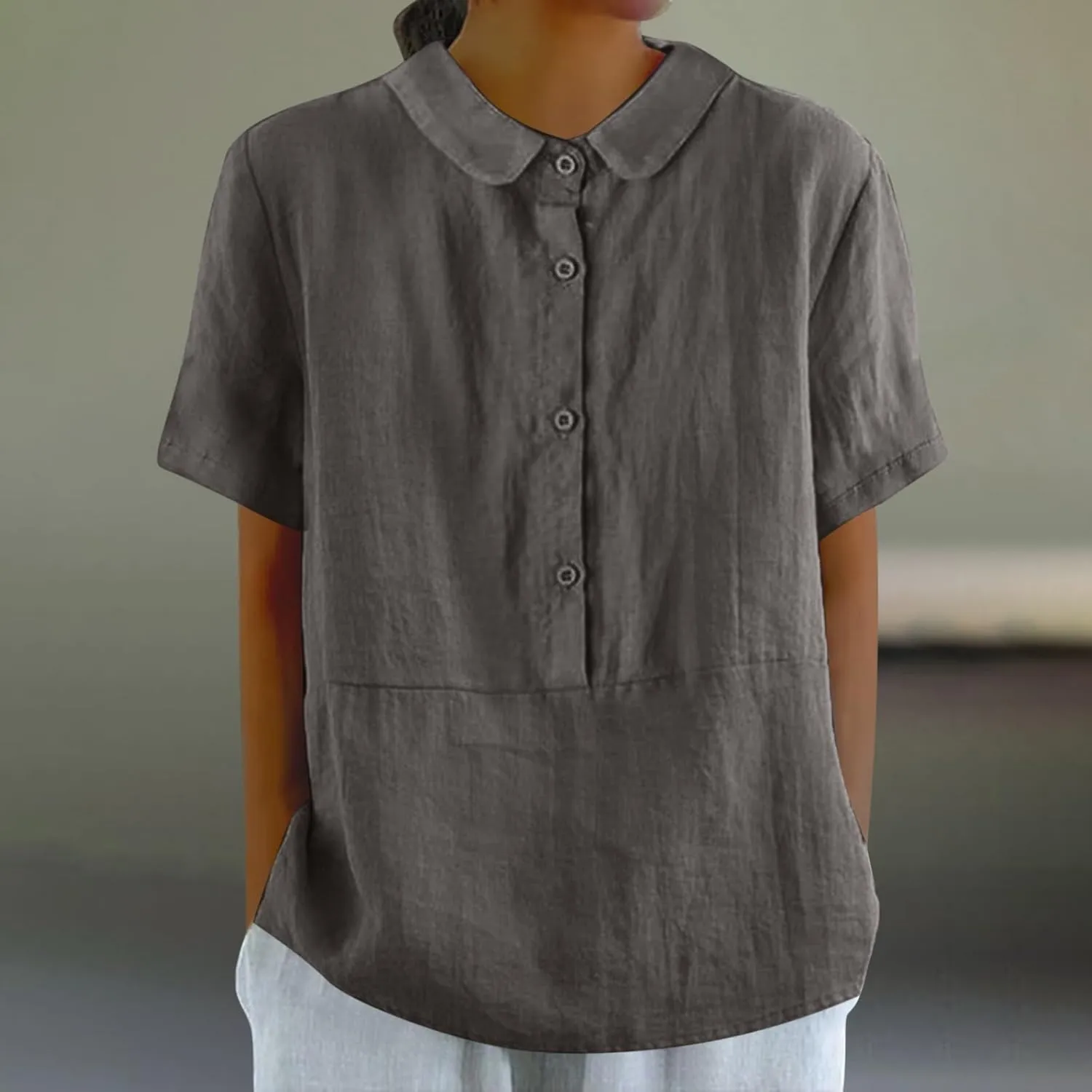 Women's Peter Pan Collar Short Sleeves Cotton Linen Shirt Tops Button Work Blouse Teen Girls Casual Loose Tunic Shirts