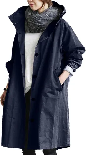 Women's Rain Jacket Button Waterproof Windbreaker Outdoor Trench Coat, S-5XL
