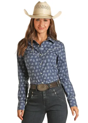 Women's Rock & Roll Floral Print Long Sleeve Snap Shirt w/ Piping