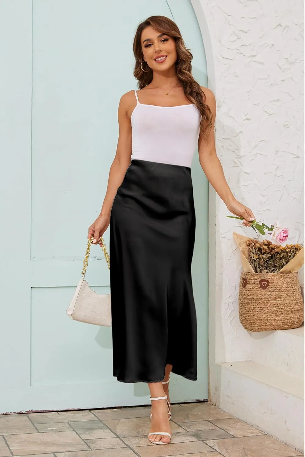 Women's Satin A-Line Midi Skirt High Waisted Flowy Spring Skirts Elegant Cocktail Party Skirts
