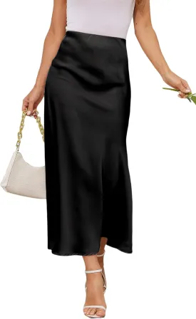 Women's Satin A-Line Midi Skirt High Waisted Flowy Spring Skirts Elegant Cocktail Party Skirts