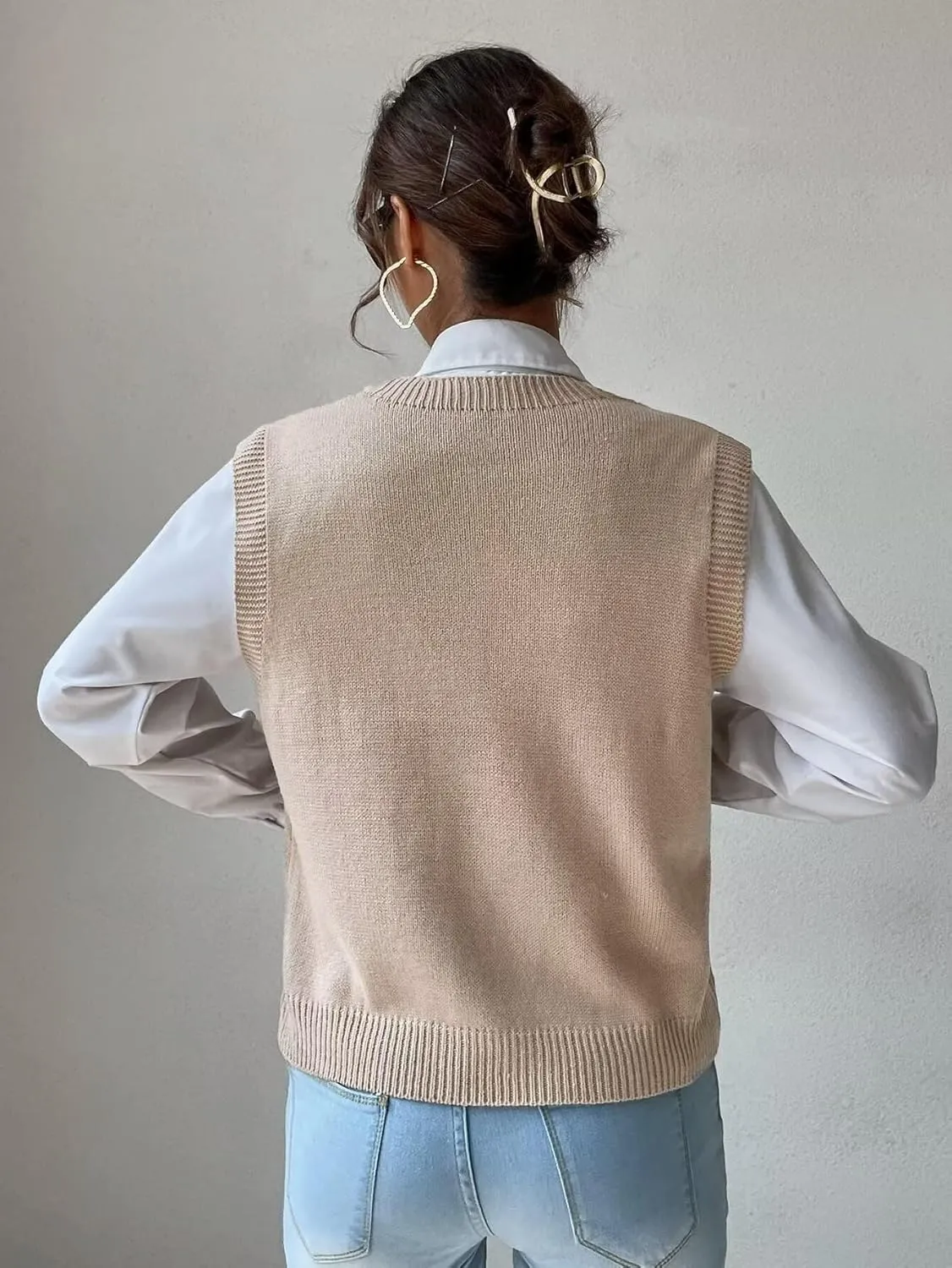 Womens Sweater Vest Cable Knit Casual V Neck Ribbed Preppy Pullover Tops Sleeveless