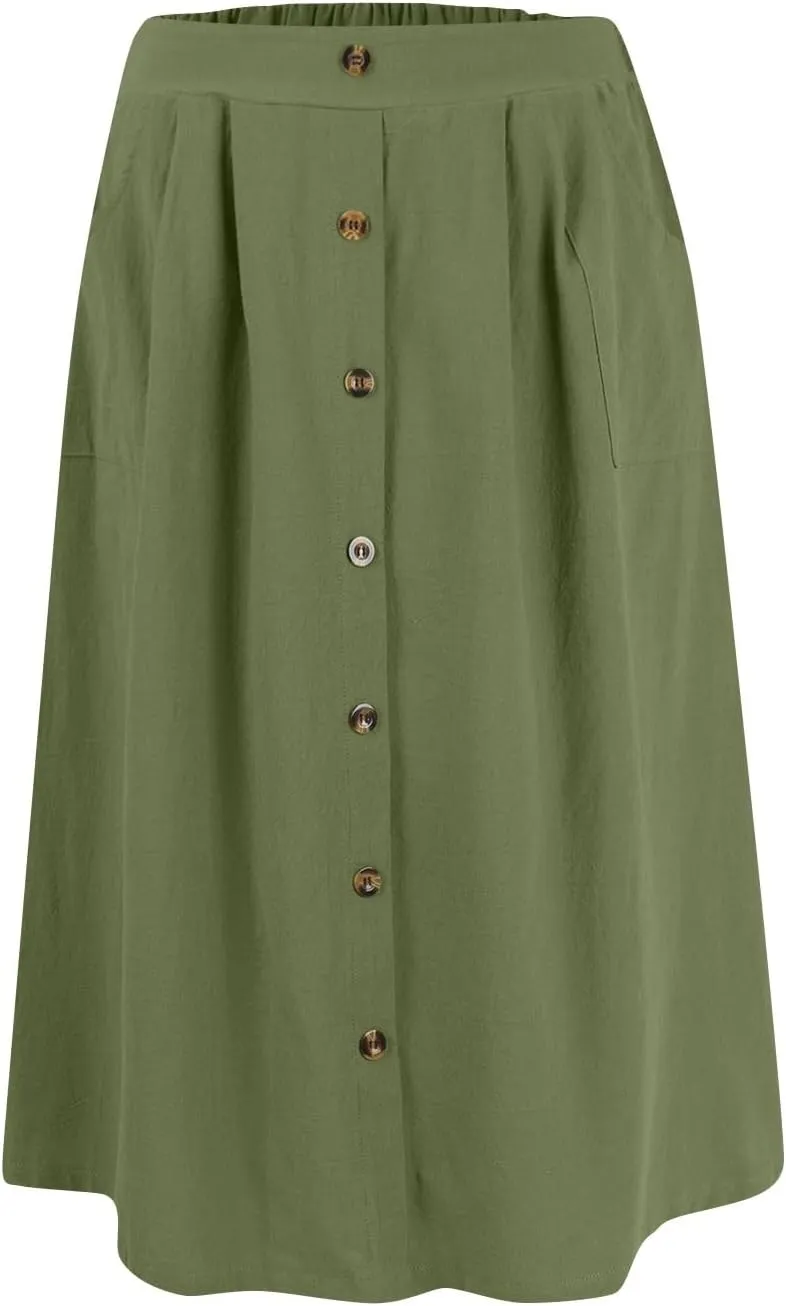 Yesunpxs Womens Summer Skirts Casual Soild Front Button A-Line High Waisted Midi-Skirt with Pockets Beach Vacation Clothes