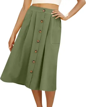Yesunpxs Womens Summer Skirts Casual Soild Front Button A-Line High Waisted Midi-Skirt with Pockets Beach Vacation Clothes