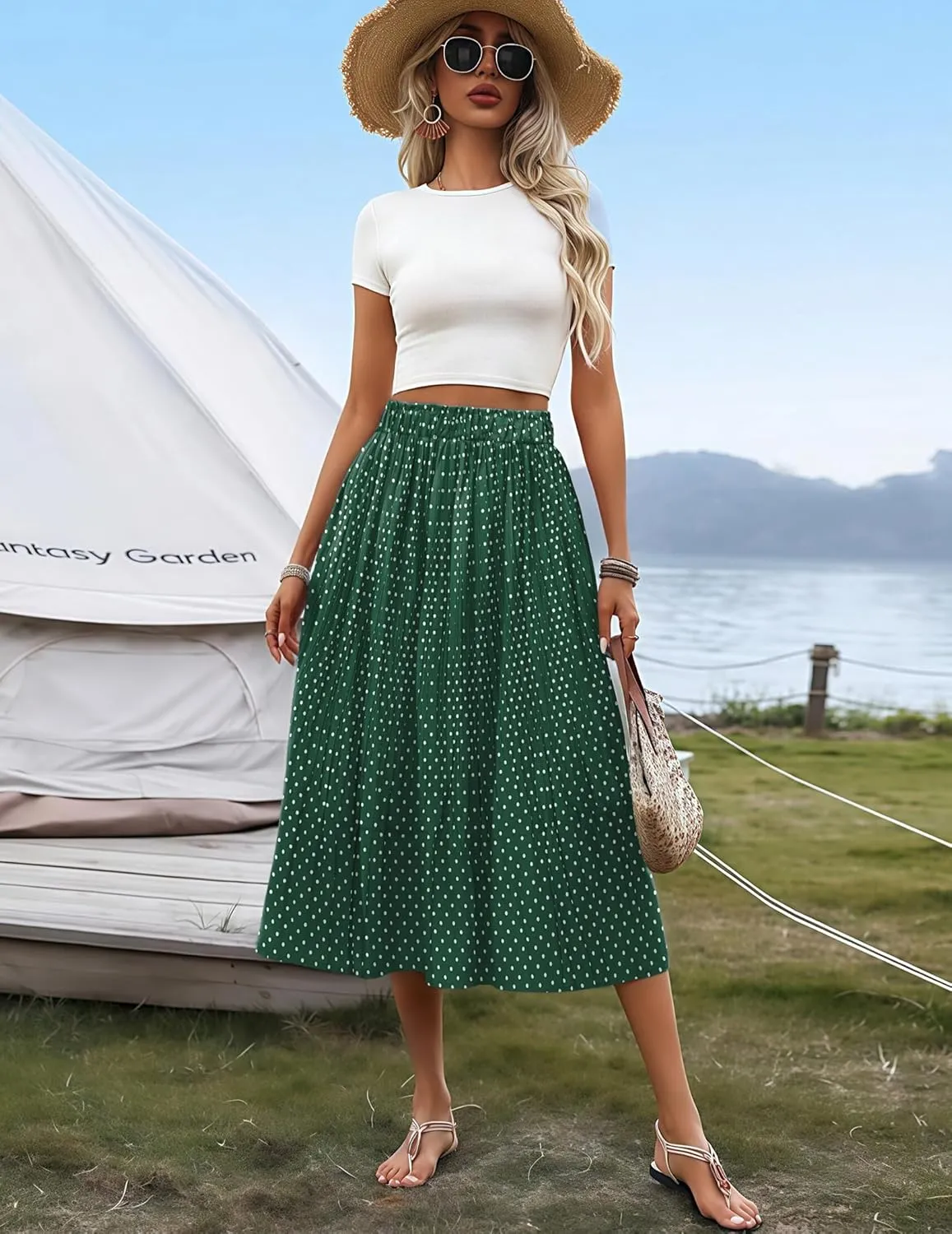 Zeagoo Women's Midi Skirts High Waisted Pleated A-Line Swing Skirts Summer Floral Long Skirts with Pockets
