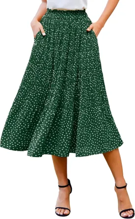 Zeagoo Women's Midi Skirts High Waisted Pleated A-Line Swing Skirts Summer Floral Long Skirts with Pockets