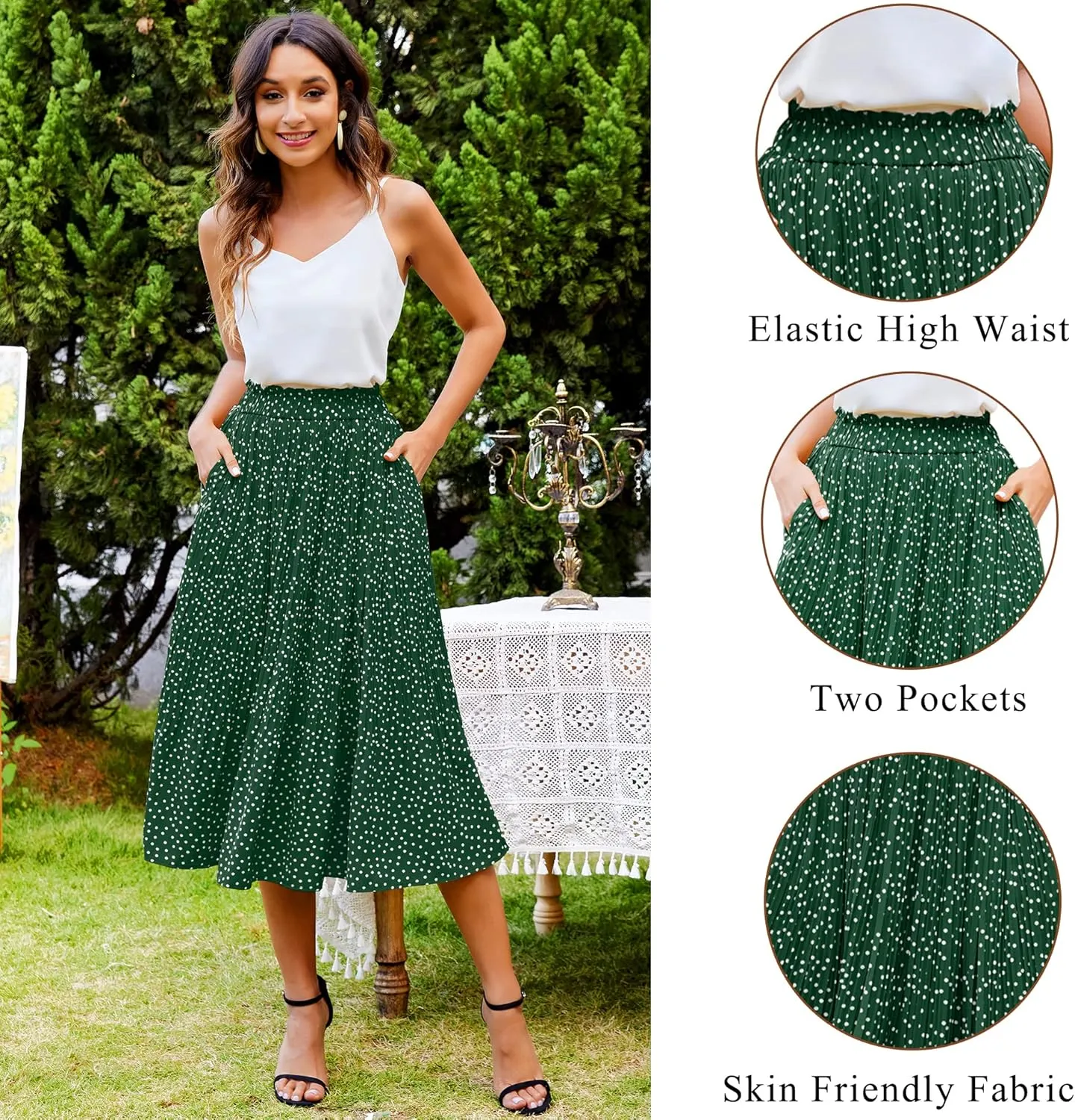Zeagoo Women's Midi Skirts High Waisted Pleated A-Line Swing Skirts Summer Floral Long Skirts with Pockets